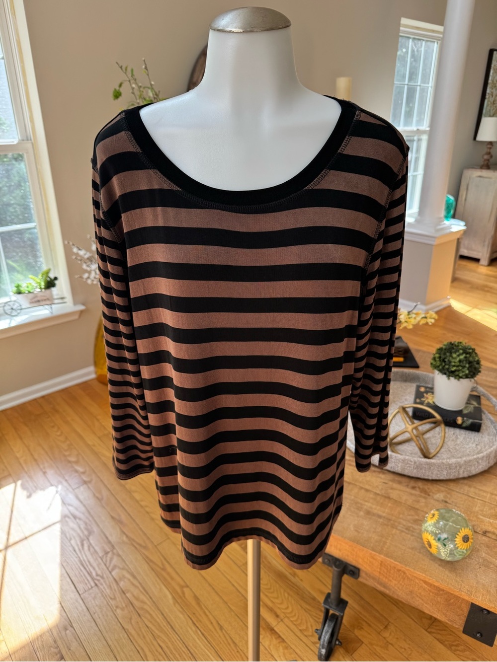 Chico's Black and Brown Striped Long Sleeve Scoop Neck Top